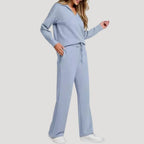 Women's knitted V-neck lounge set with wide-leg trousers