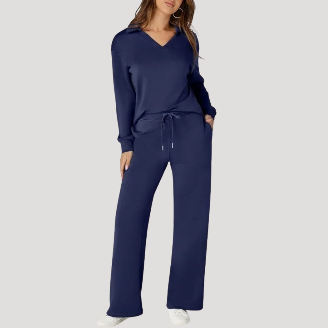 Women's knitted V-neck lounge set with wide-leg trousers