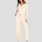Women's knitted V-neck lounge set with wide-leg trousers