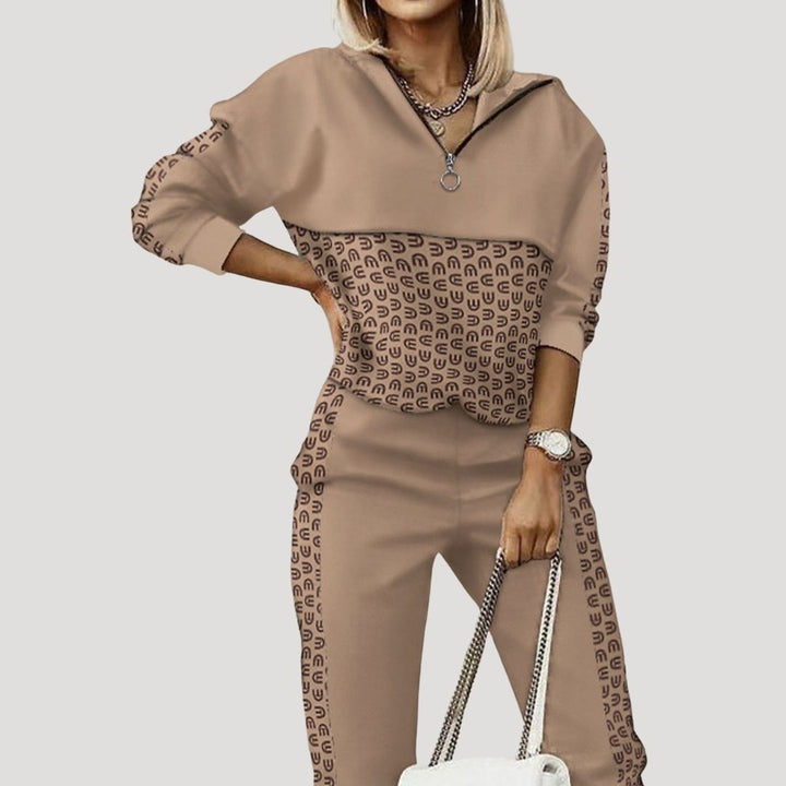 Women's hooded tracksuit set with patterned panels and joggers