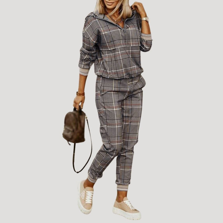 Women's hooded tracksuit set with patterned panels and joggers