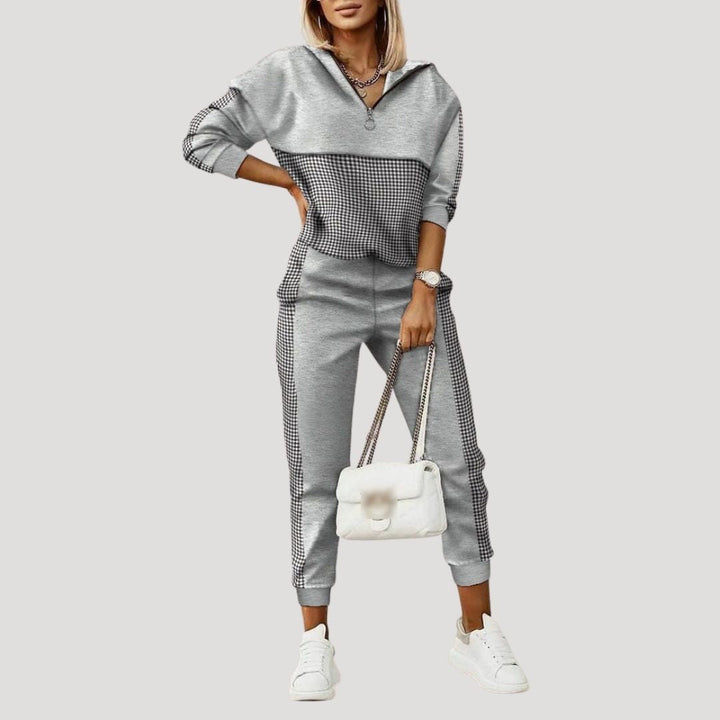 Women's hooded tracksuit set with patterned panels and joggers