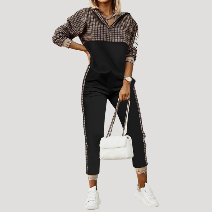 Women's hooded tracksuit set with patterned panels and joggers