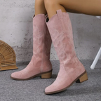 Women's knee-high boots with stitched western motifs, pointed toes and low block heels