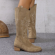 Women's knee-high boots with stitched western motifs, pointed toes and low block heels