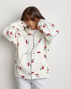 Women's cherry print hooded zip hoodie with long sleeves and front pockets