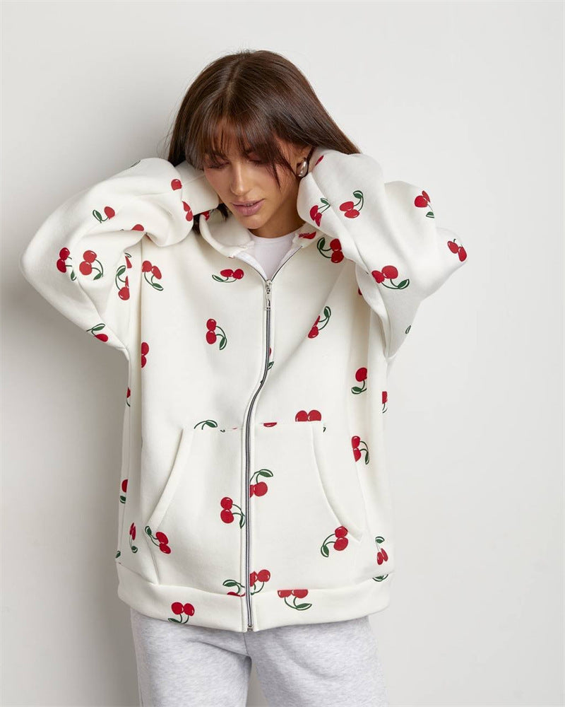 Women's cherry print hooded zip hoodie with long sleeves and front pockets