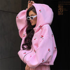Women's cherry print hooded zip hoodie with long sleeves and front pockets