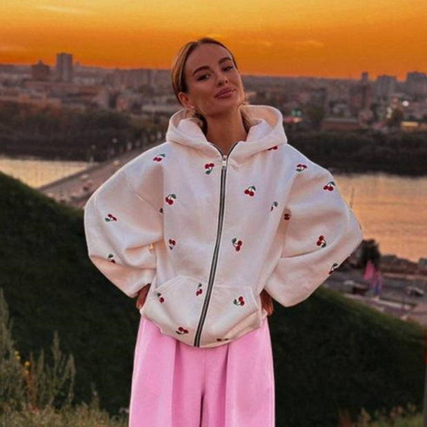 Women's cherry print hooded zip hoodie with long sleeves and front pockets