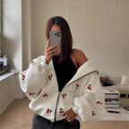 Women's cherry print hooded zip hoodie with long sleeves and front pockets