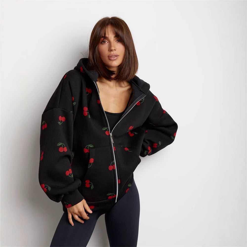 Women's cherry print hooded zip hoodie with long sleeves and front pockets