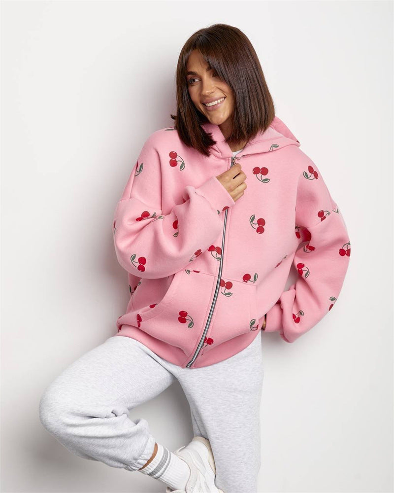 Women's cherry print hooded zip hoodie with long sleeves and front pockets