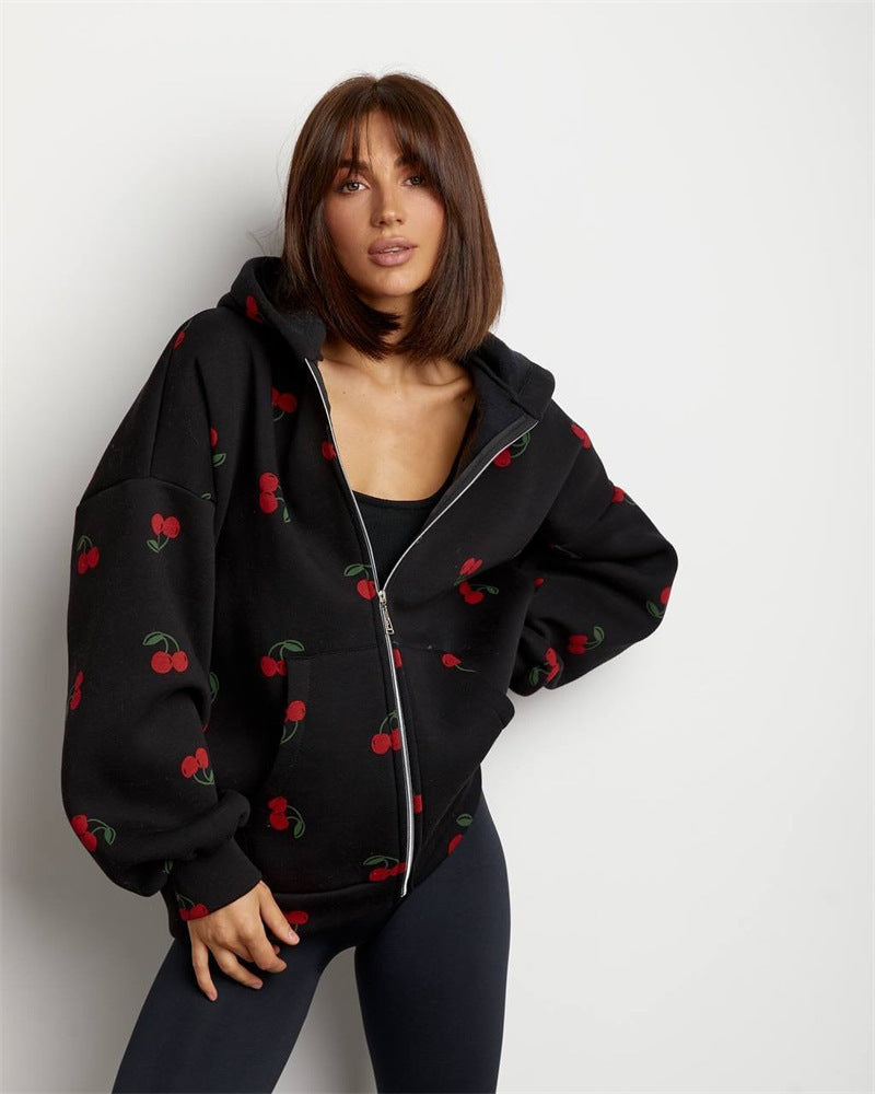 Women's cherry print hooded zip hoodie with long sleeves and front pockets