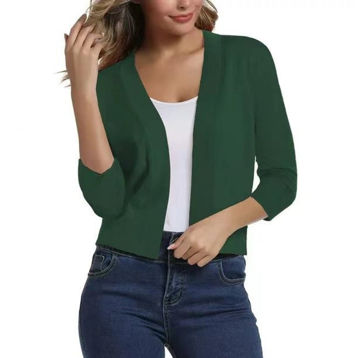 Women's cropped open cardigan with V-neckline and three-quarter sleeves