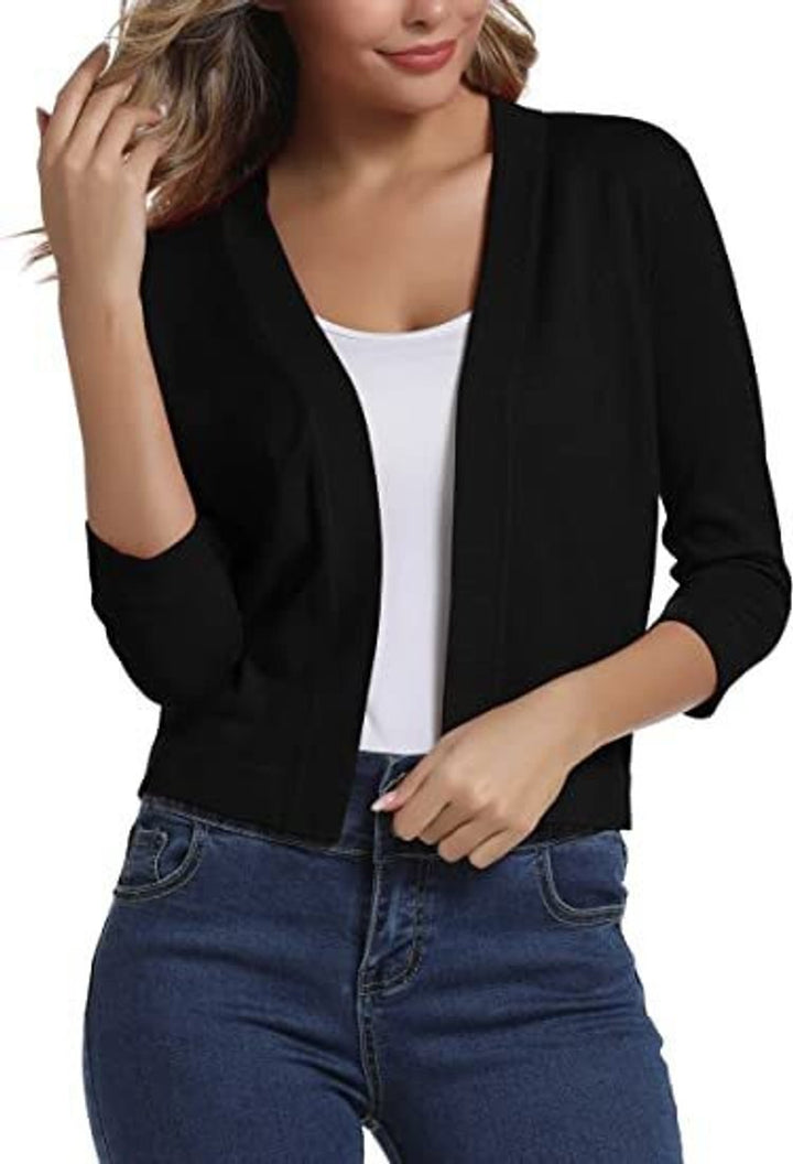 Women's cropped open cardigan with V-neckline and three-quarter sleeves
