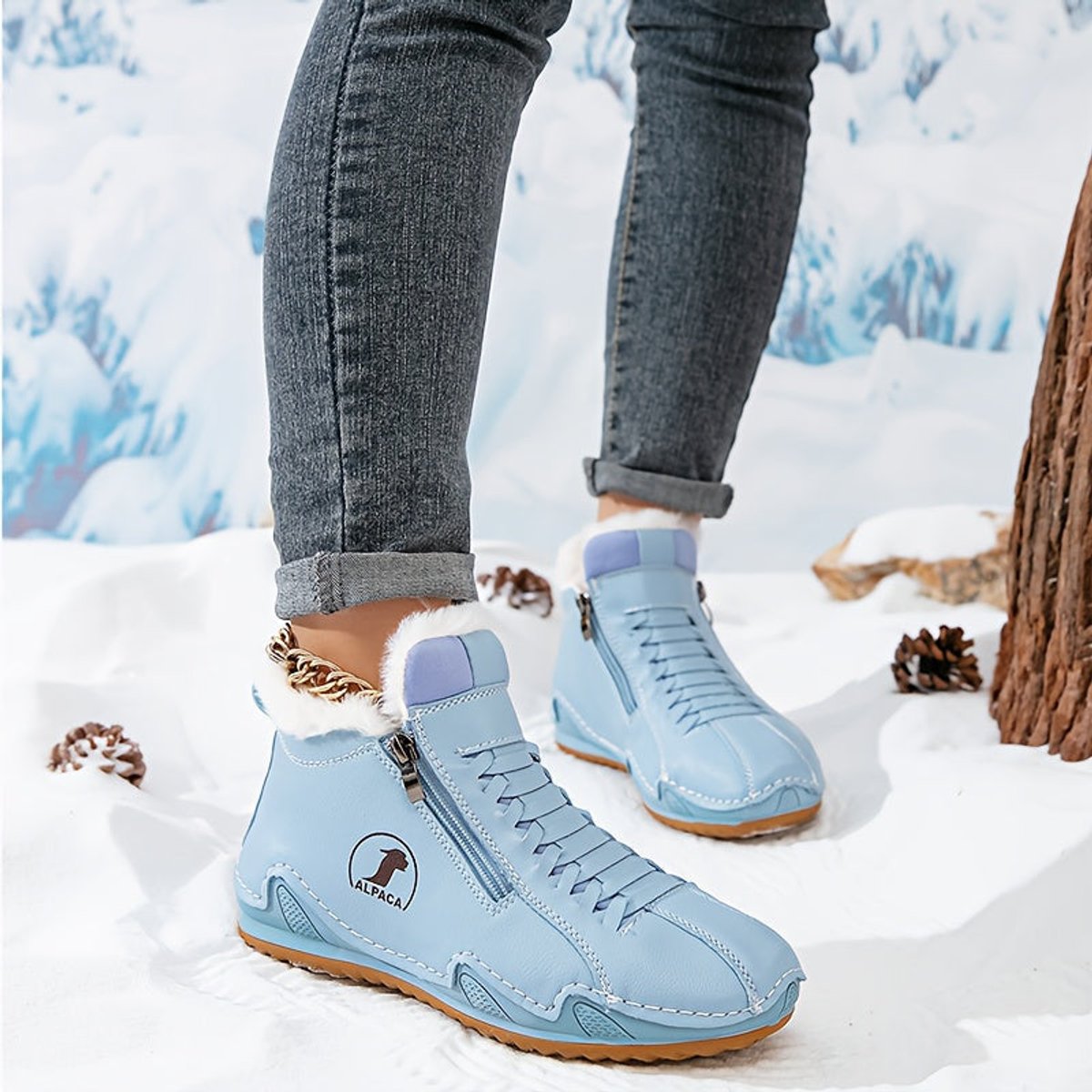 Women's fur-lined lace-up ankle boots with side zip and ridged sole