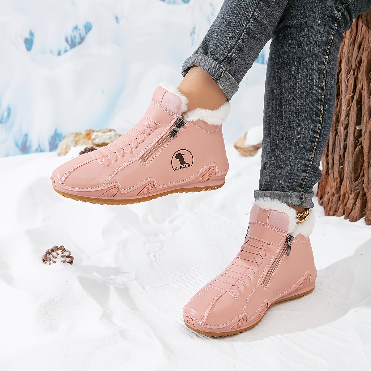 Women's fur-lined lace-up ankle boots with side zip and ridged sole