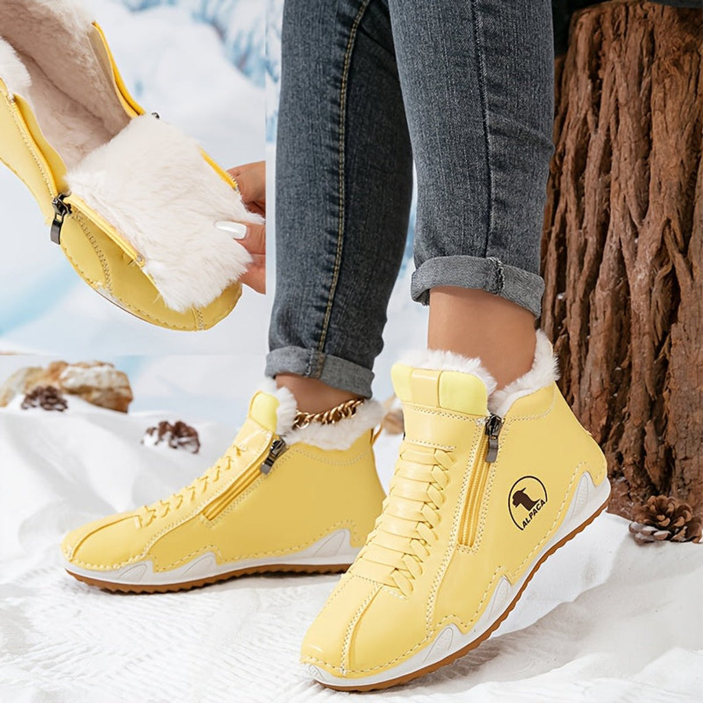 Women's fur-lined lace-up ankle boots with side zip and ridged sole