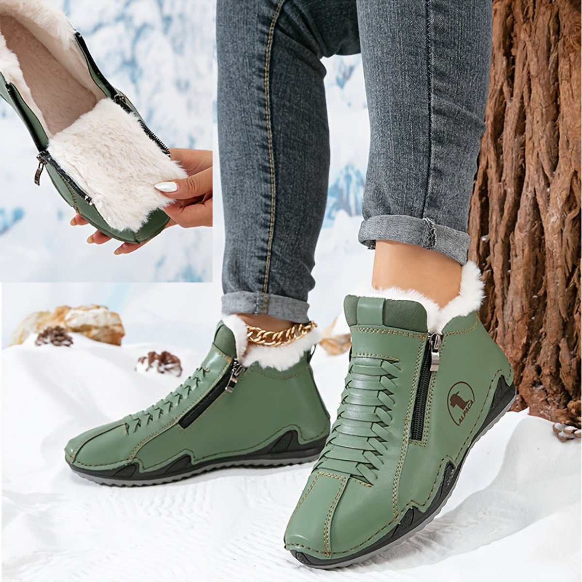 Women's fur-lined lace-up ankle boots with side zip and ridged sole