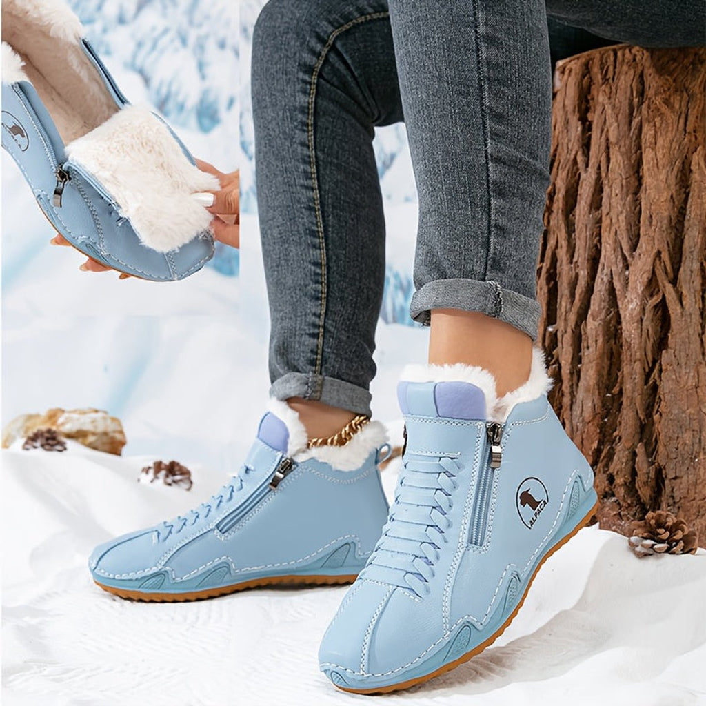 Women's fur-lined lace-up ankle boots with side zip and ridged sole