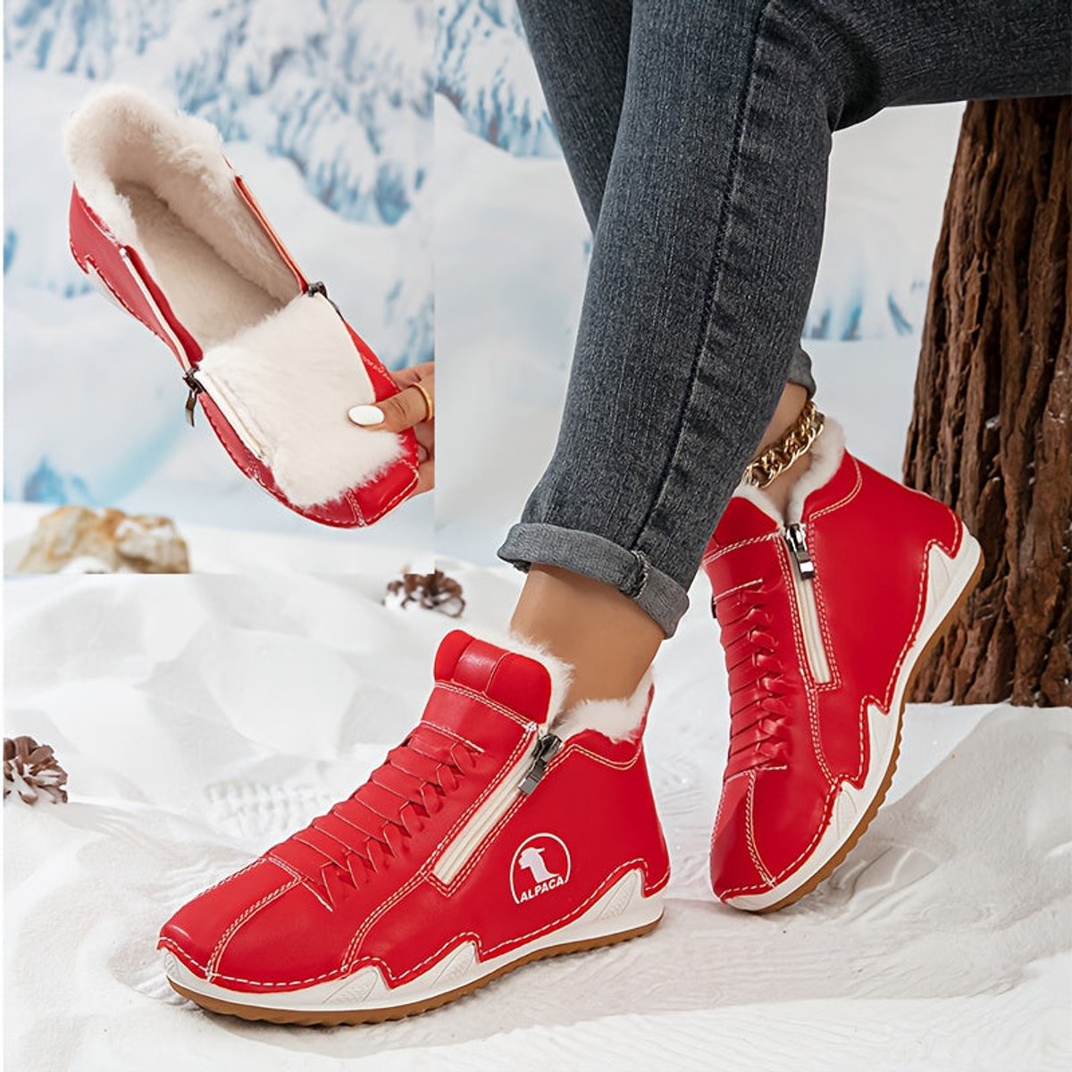 Women's fur-lined lace-up ankle boots with side zip and ridged sole