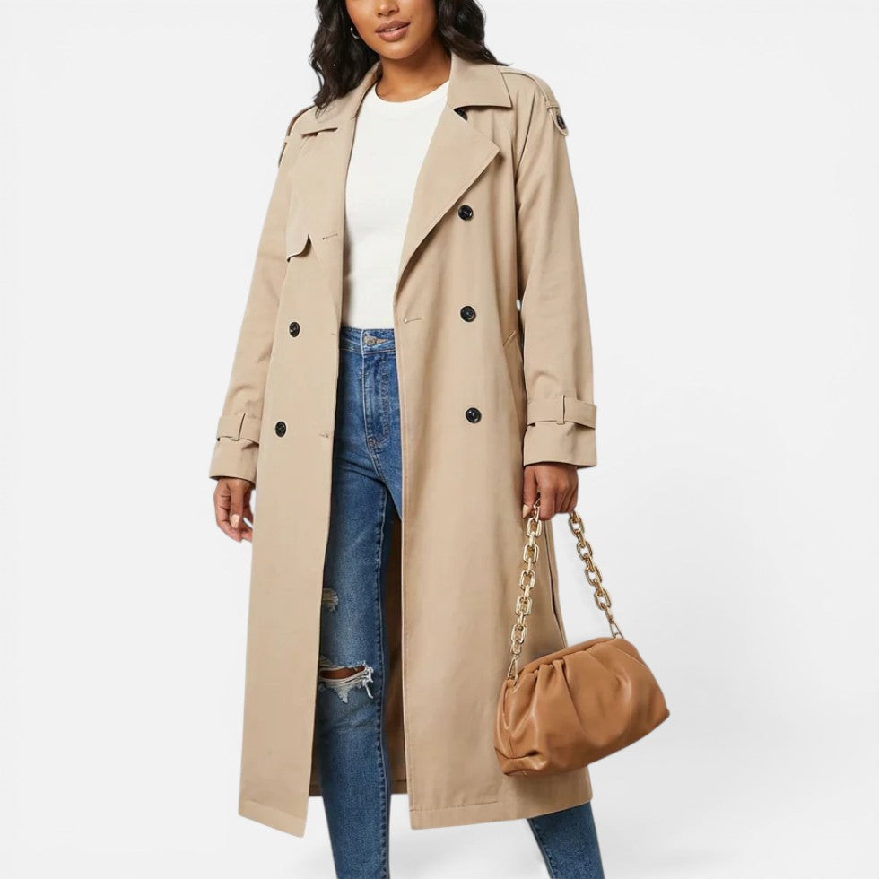 Women's longline double-breasted trench coat with notched lapels and cuff tabs