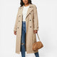 Women's longline double-breasted trench coat with notched lapels and cuff tabs