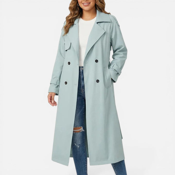 Women's longline double-breasted trench coat with notched lapels and cuff tabs