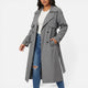 Women's longline double-breasted trench coat with notched lapels and cuff tabs