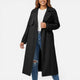 Women's longline double-breasted trench coat with notched lapels and cuff tabs
