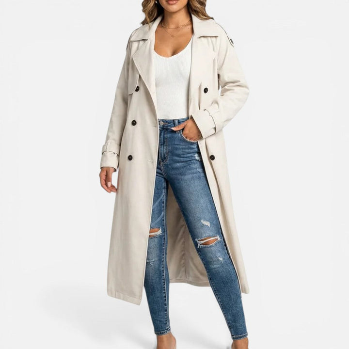 Women's longline double-breasted trench coat with notched lapels and cuff tabs