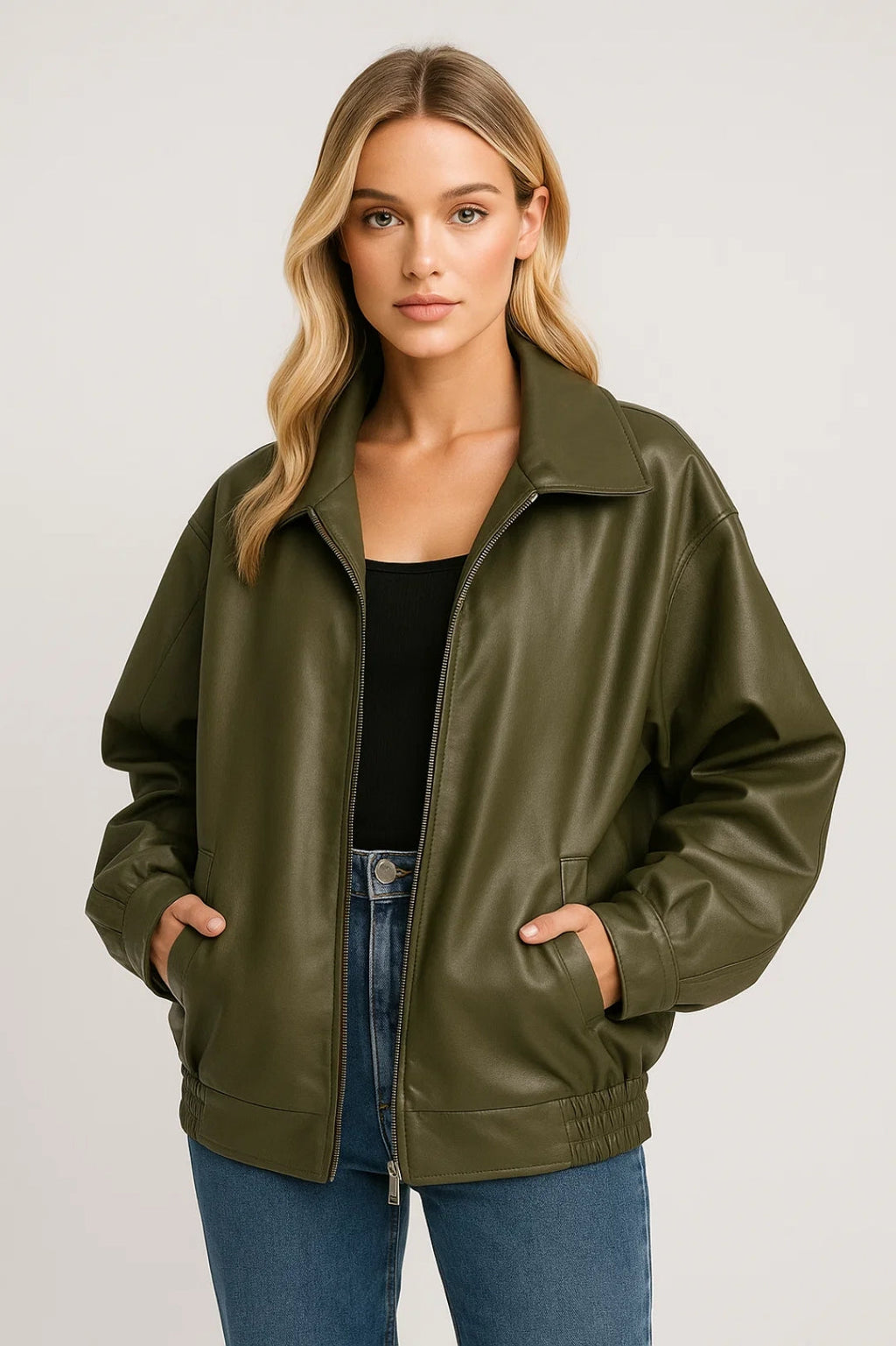 Women's oversized faux leather jacket with wide collar