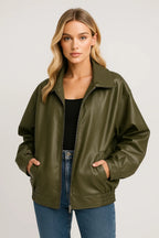 Women's oversized faux leather jacket with wide collar