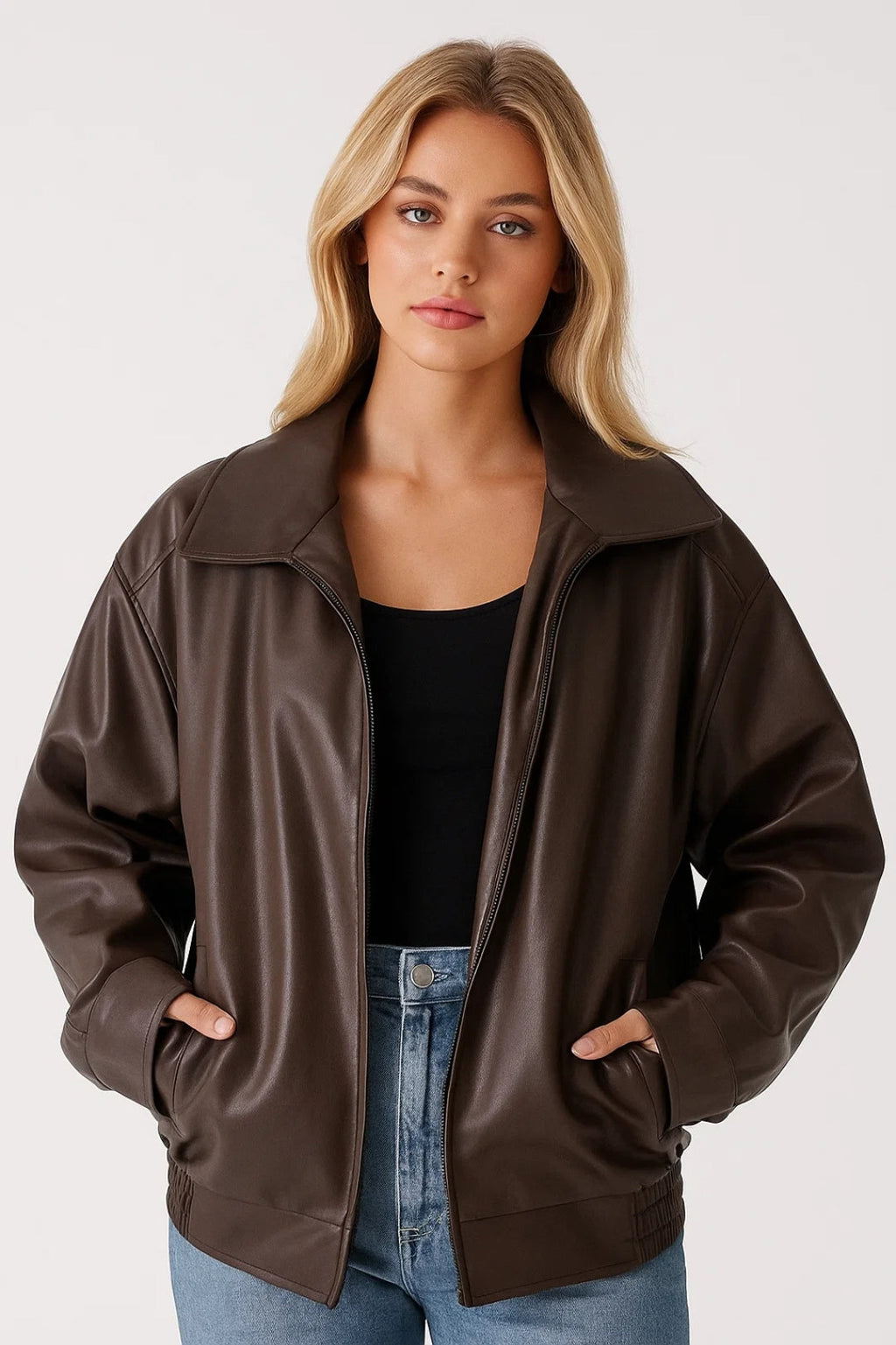 Women's oversized faux leather jacket with wide collar