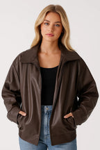 Women's oversized faux leather jacket with wide collar