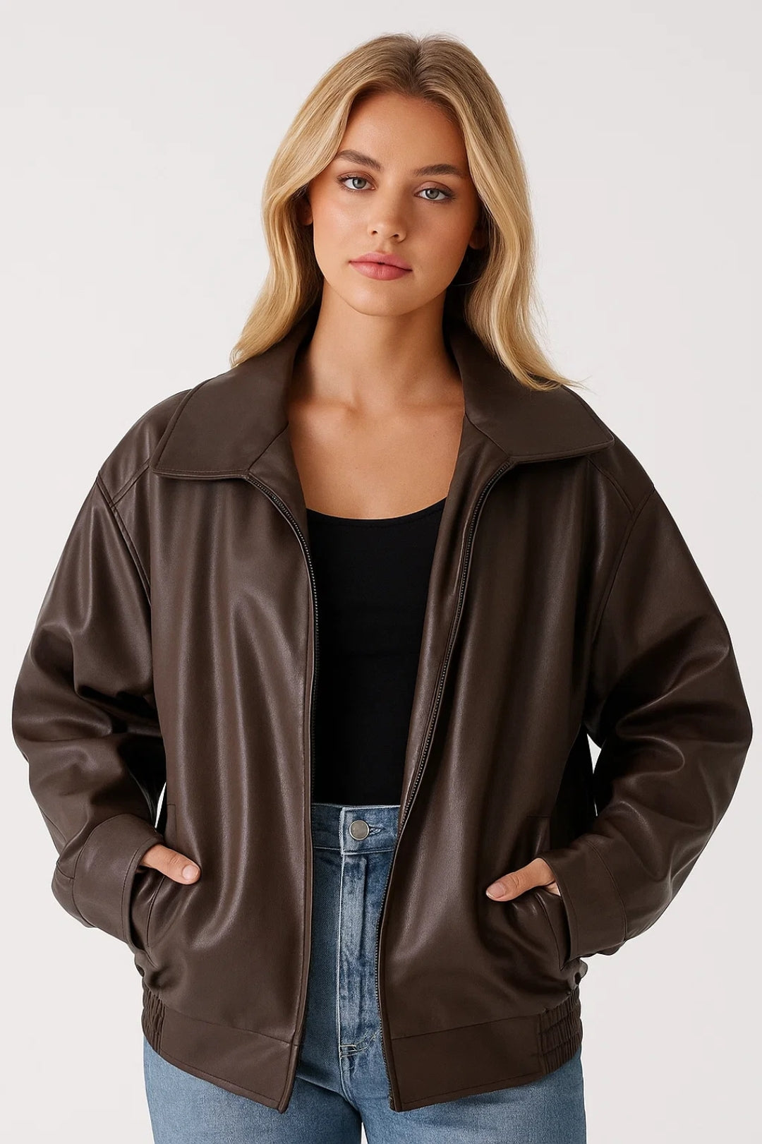 Women's oversized faux leather jacket with wide collar