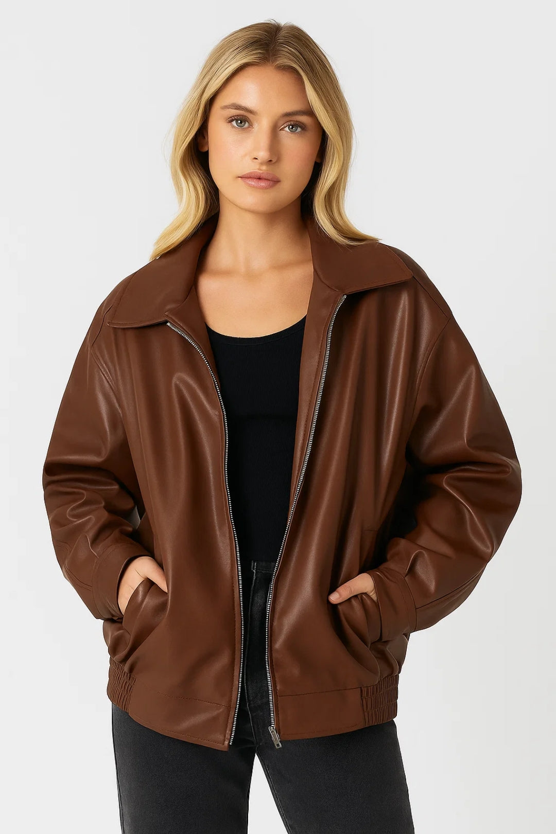 Women's oversized faux leather jacket with wide collar
