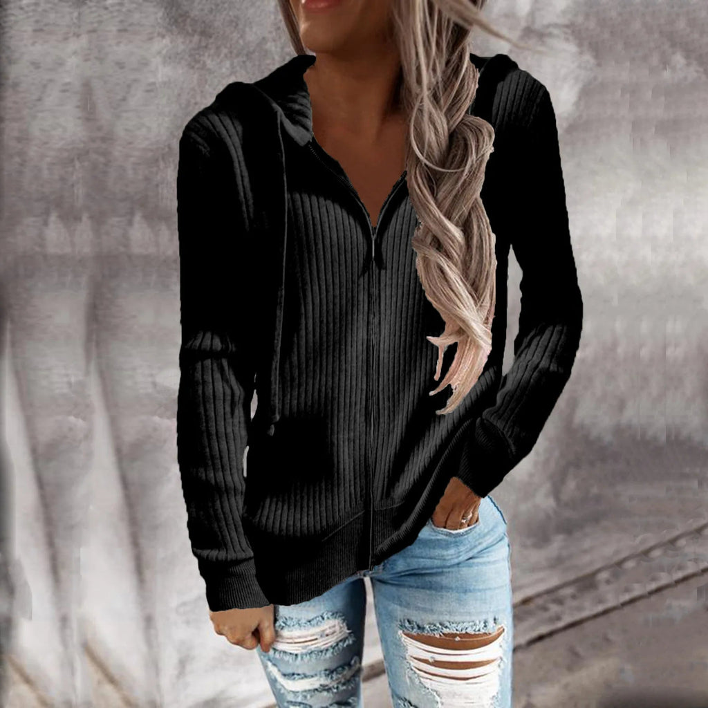 Women's ribbed hooded zip hoodie with long sleeves