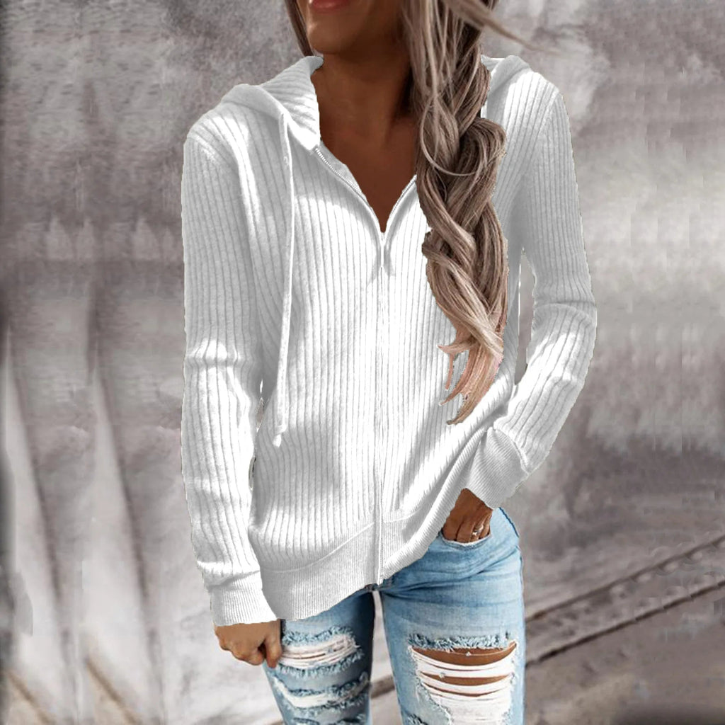 Women's ribbed hooded zip hoodie with long sleeves