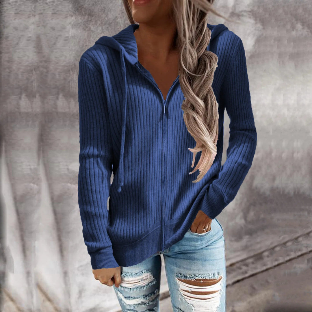 Women's ribbed hooded zip hoodie with long sleeves