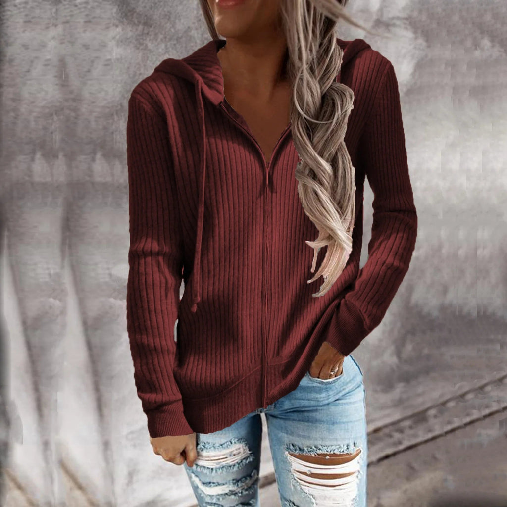 Women's ribbed hooded zip hoodie with long sleeves