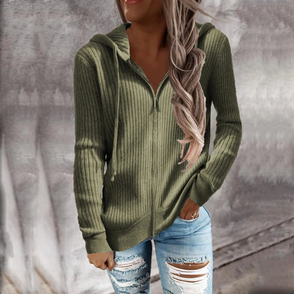 Women's ribbed hooded zip hoodie with long sleeves
