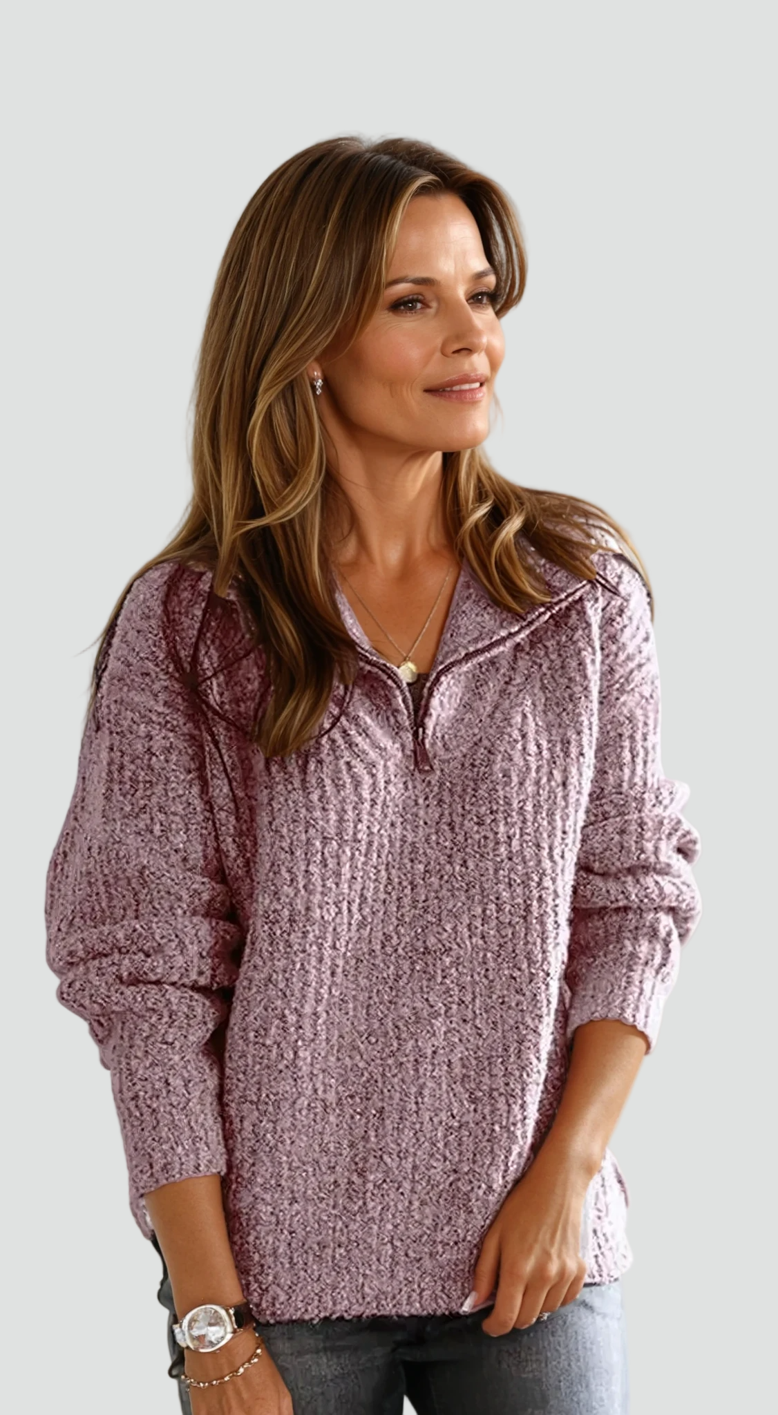 Women's knitted half-zip jumper with mock neck and long sleeves