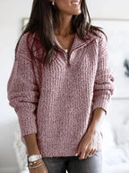 Women's knitted half-zip jumper with mock neck and long sleeves