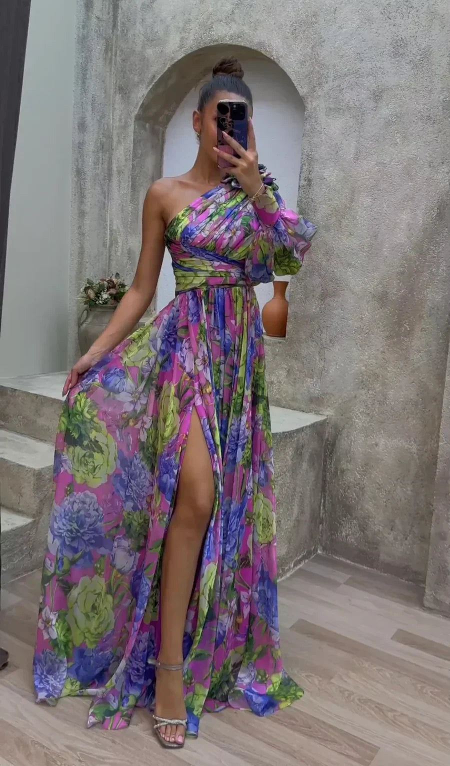 Women's multicolour floral one-shoulder maxi dress with long sleeve and side split