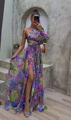 Women's multicolour floral one-shoulder maxi dress with long sleeve and side split