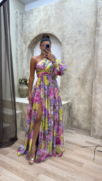 Women's multicolour floral one-shoulder maxi dress with long sleeve and side split