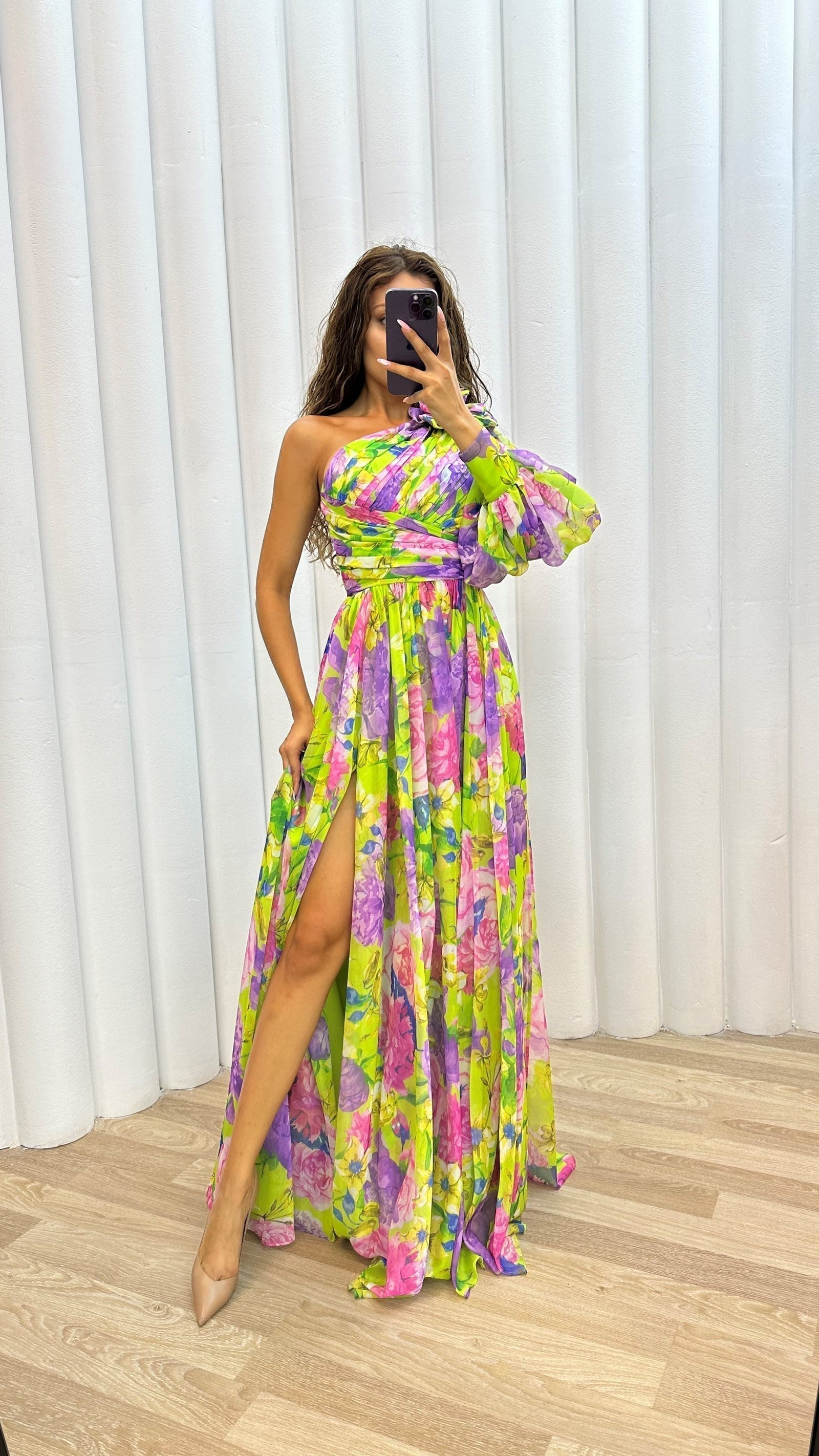 Women's multicolour floral one-shoulder maxi dress with long sleeve and side split