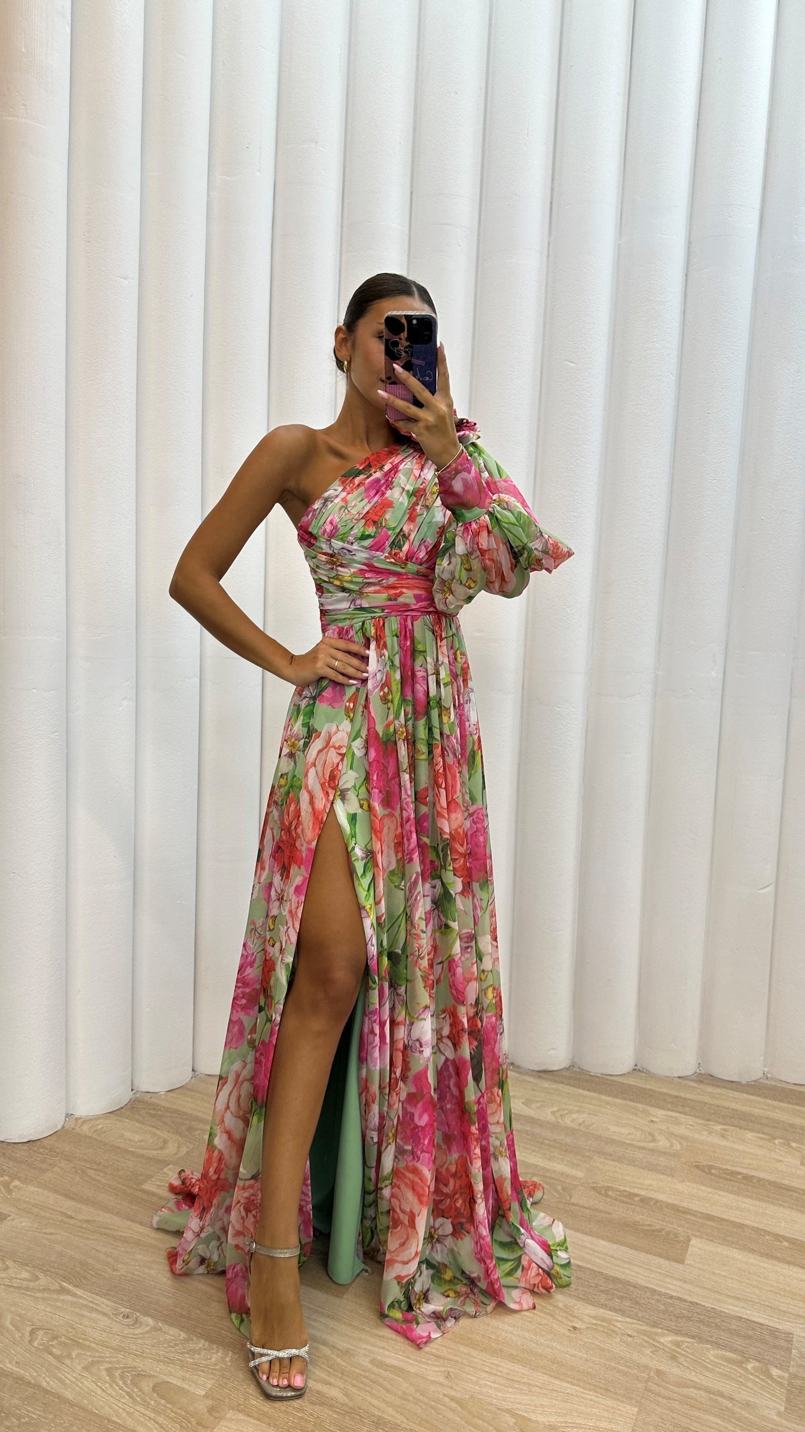 Women's multicolour floral one-shoulder maxi dress with long sleeve and side split