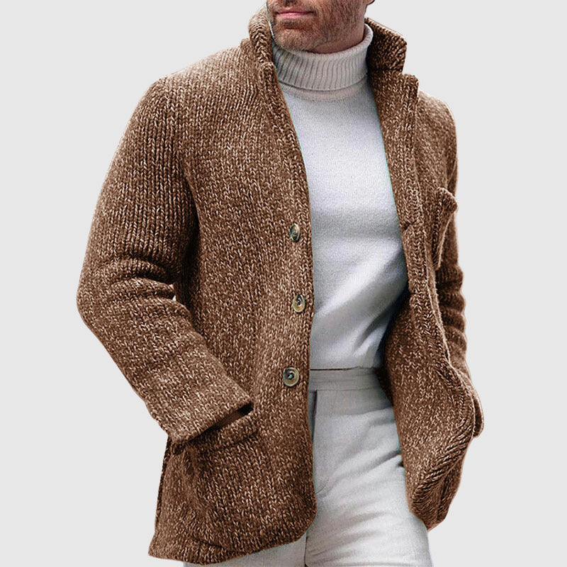 Men's chunky knitted cardigan with stand-up collar, buttons and patch pockets